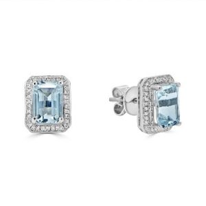 Emerald Cut Aquamarine with Diamond Halo Studs