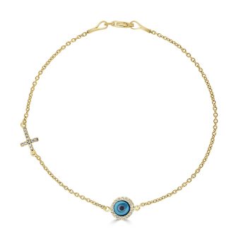 Round Evil Eye and Cross Design Bracelet with Cubic ZirconiasEvil Eye and Cross Bracelet with Diamonds