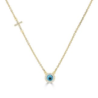 Evil Eye and Cross Design Chain with Cubic Zirconia'sDiamond Cross and Evil Eye Necklace