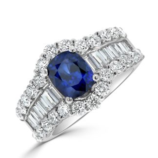 Sapphire and Diamond Cocktail Ring with Round and Baguette Diamondssapphire Dress Rings
