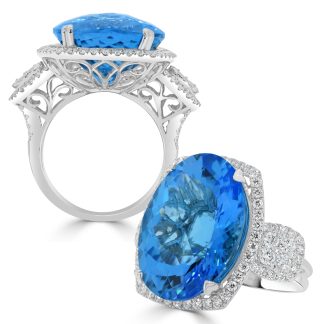 Oval Blue Topaz Diamond Dress Ring with a Halo and Cluster BandOval Blue Topaz Diamond Dress Ring with a Halo and Cluster Band