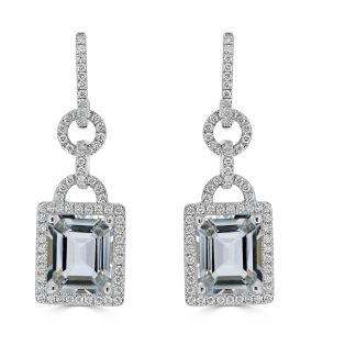 Emerald cut aquamarine with diamond halo drop earringsAquamarine drop earrings with diamonds