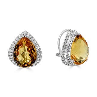 Pear yellow citrine wiht round diamond double halo studsPear Shaped Citrine Earrings