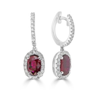 Oval ruby with round diamond halo drop earringsRuby Earrings