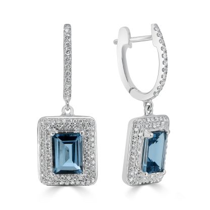 Emerald London blue topaz with round diamond double halo drop earrings