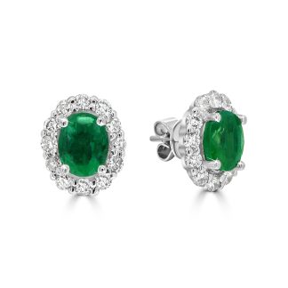 Oval Emerald Earring with Round Diamond HaloOval-Cut Emerald and Diamond Halo Stud Earrings
