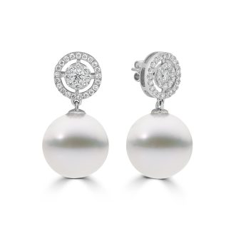 South-sea pearls with round diamond drop earringsPearl and Diamond Drop Earrings