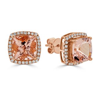 Cushion morganite with round diamond halo studsmorganite earrings with diamonds