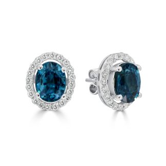 Oval London blue topaz with round diamond halo studsblue topaz earrings
