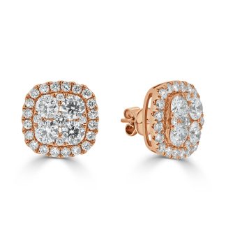Rose Gold Cushion Cluster Design StudsRound Diamond Cluster Stud Earrings