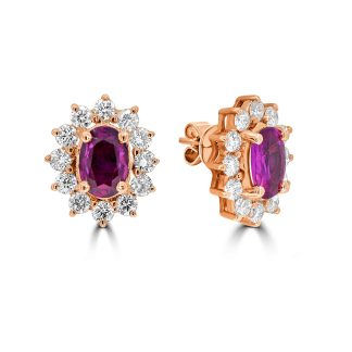 Oval Ruby with round diamond halo studsRuby Earrings