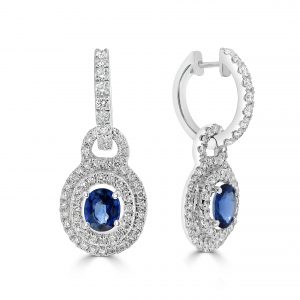 Oval Sapphire with diamond double halo drop earrings