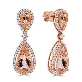 Double pear shaped morganite with round diamond halo drop earringsMorganite Earrings