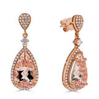 Pear morganite with round diamond halo drop earringsPear Morganite Drop Earrings