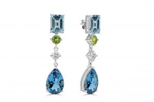 Pear London blue topaz, peridot and aquamarine drop earrings