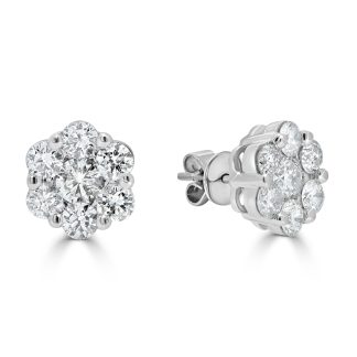 White Gold Flower Design StudsRound Diamond Cluster Stud Earrings