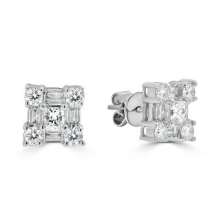 Baguette Halo White Gold Princess Diamond StudsWhite Gold Baguette and Round Studs