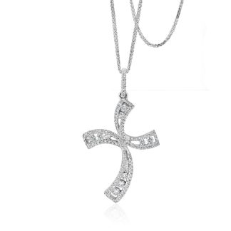 Curved White Gold Diamond CrossRound Diamond Cross Pendant