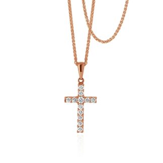 Dainty Rose Gold Cross Pendant with Mixed Round DiamondsRound Diamond Cross Necklace