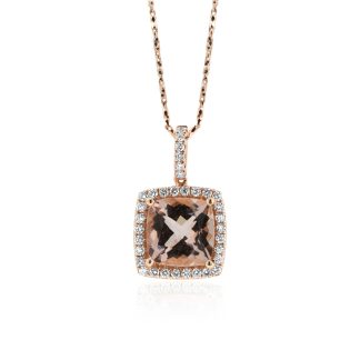 Rose Gold Pendant Cushion MorganiteMorganite Pendant with Diamond Halo