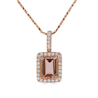 Emerald shaped Morganite with round diamond halo pendantMorganite pendant with diamond halo