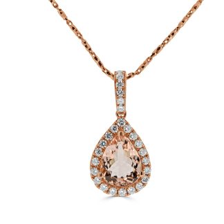 Rose Gold Pear Morganite and Diamond Halo PendantMorganite pendant with diamond halo