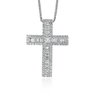 White Gold Baguette Diamond CrossBaguette and Round Diamond Cross Pendant
