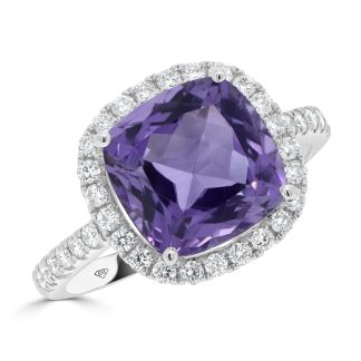 White Gold Amethyst Ring with a Diamond Haloamethyst ring