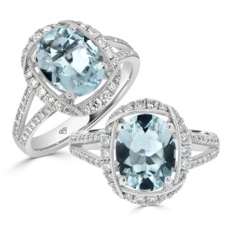White Gold Milgrain Oval Aquamarine Ringoval cut aquamarine with diamond halo engagement ring