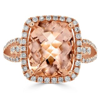 Cushion Morganite with round diamond halo ringMorganite Jewellery