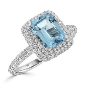 Emerald cut Aquamarine with pavé diamond halo ringaquamarine engagement ring
