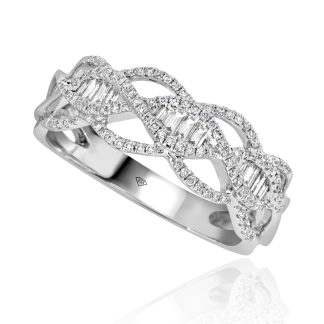 White Gold Diamond Ring with a Twisted Helix DesignBaguette and Round Diamond Ring