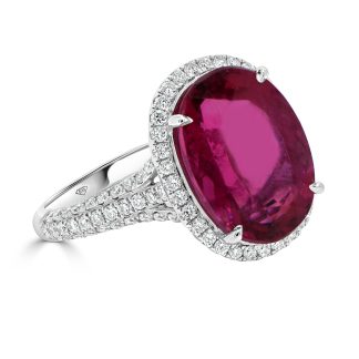 Oval Rubellite with round diamond haloRubellite and Diamond Dress Ring