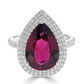 Pear Rubellite with double diamond haloRubellite and Diamond Dress Ring