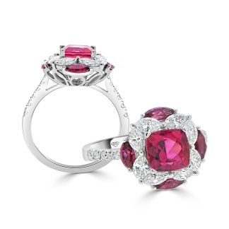 Rubellite cushion and marquise diamond ringRubellite and Marquise Diamond Dress Ring