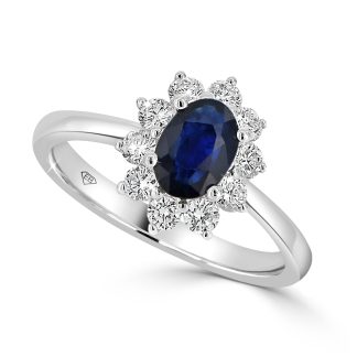 Oval Shape Blue Sapphire Single Diamond Halo RingSapphire Engagement Ring