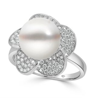 Pearl Ring with Flower Petals Diamonds ShapeSophisticated pearl ring with floral pavé diamond accents in white gold