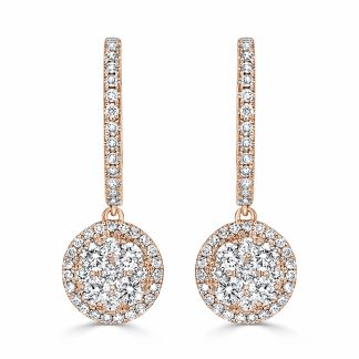 Rose Gold Diamond Drop Earrings Circle ClusterRound Diamond Drop Earrings