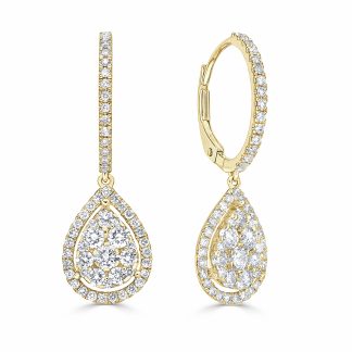 18 Kt Gold Diamond Drop Earrings Pear ClusterRound Diamond Drop Earrings