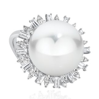 Pearl Baguette And Round Diamonds Claws RingGold and pearl ring