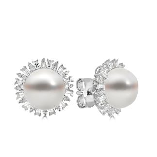 Pearl Studs with Round and Baguette HaloPearl and diamond pendant