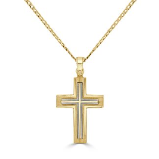 Two Tone Triple Step CrossYellow and White Gold Cross Pendant