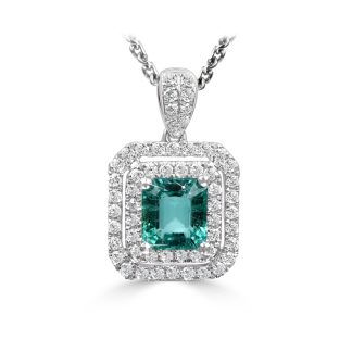 Emerald with Round Diamonds in a Halo PendantEmerald Pendant