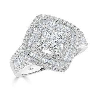 Baguette And Round Diamonds Cushion Shape Cluster RingBaguette And Round Diamonds Cushion Shape Cluster Ring
