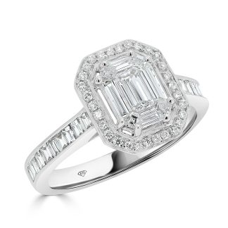 Emerald Baguette And Round Diamonds Cluster RingEmerald Cut Engagement Ring with Diamond Halo