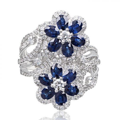 Double Flower Sapphire And Diamonds Dress Ring