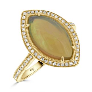 Yellow Gold Marquise Cut Opal Ring With Diamond haloMarquise Opal With Diamond Halo Dress Ring