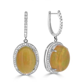 Drop Opal Earrings with round diamond haloOpal earrings featuring oval-cut opals with diamond halos in 18ct white gold.