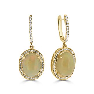 Oval Opal with round diamond halo drop earringsOpal earrings featuring oval-cut opals with diamond halos in 18ct white gold.