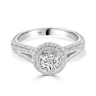 Round Brilliant Halo Split Band Micro Pave 0.50 CtRound brilliant cut diamond ring with double halo